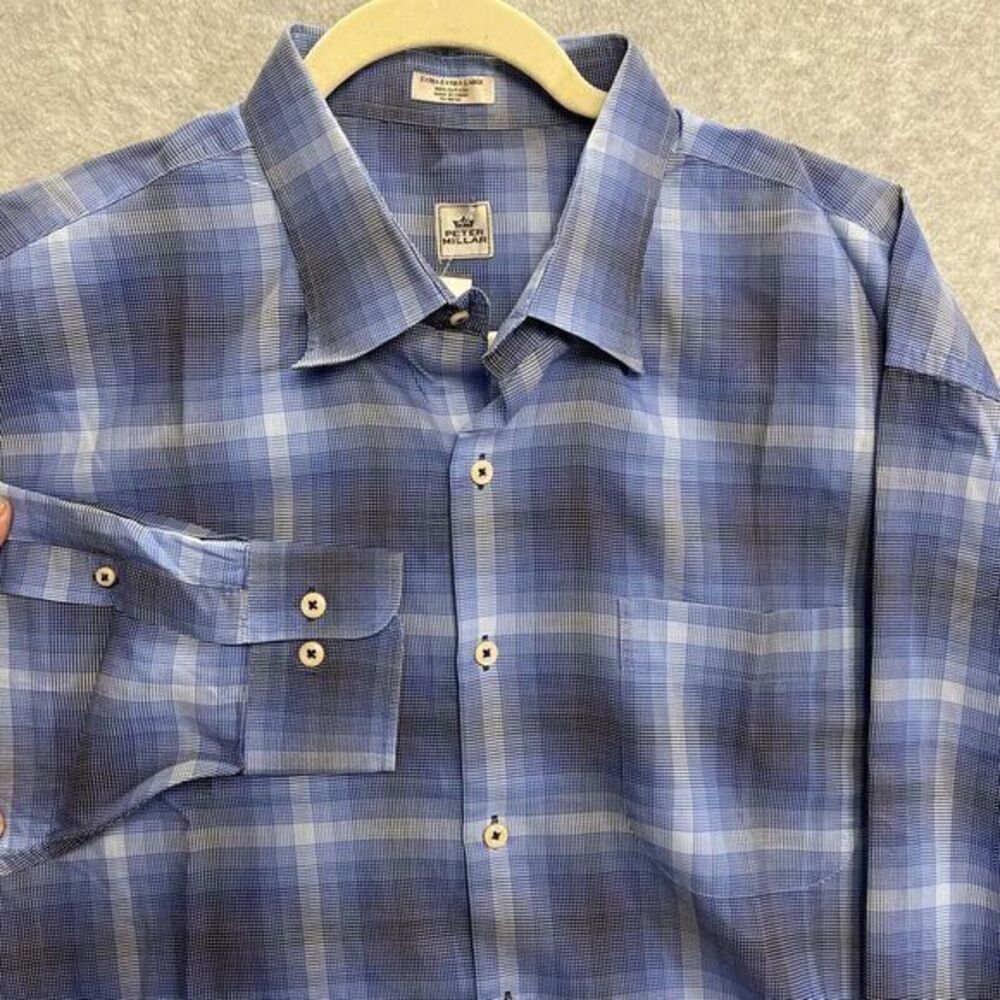 Peter Millar Shirt Mens XXL Plaid‎ Long Sleeve Button Down Blue Casual Cotton